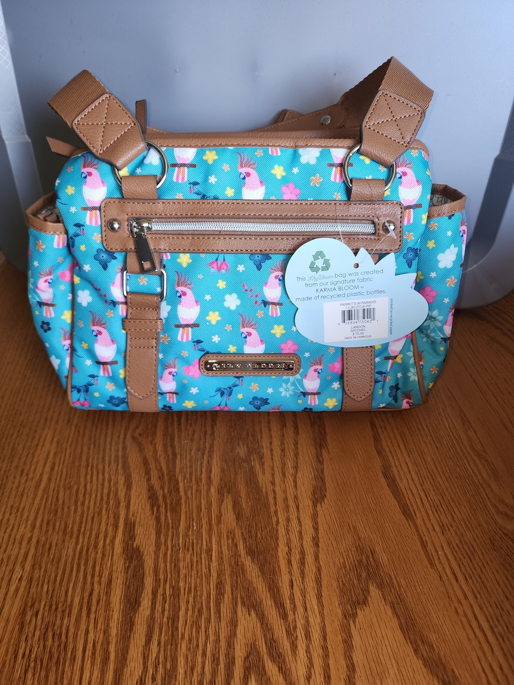 Lily Bloom Teal Parrot & Floral Satchel with Tan Trim